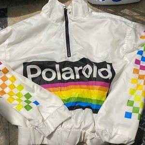 White/ rainbow checkered patterned Polaroid windbreaker cropped jacket